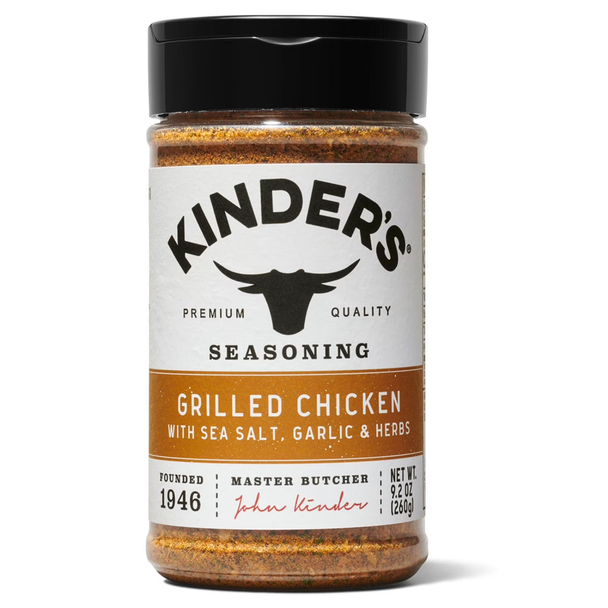 Kinder’s Grilled Chicken Seasoning with Sea Salt, Garlic & Herbs (9.2 oz) delivers classic savory grilled flavor for chicken, turkey, and vegetables.