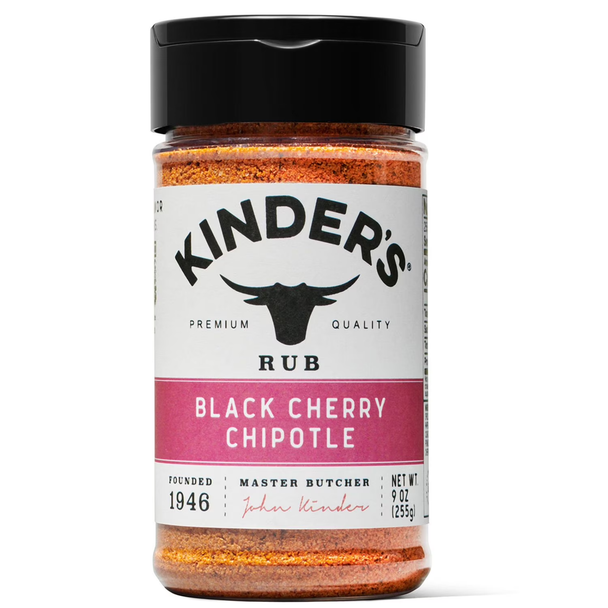 Kinder’s Black Cherry Chipotle Rub & Seasoning (9 oz) blends sweet cherry flavor with smoky chipotle heat for bold BBQ on ribs, chicken, and steak.