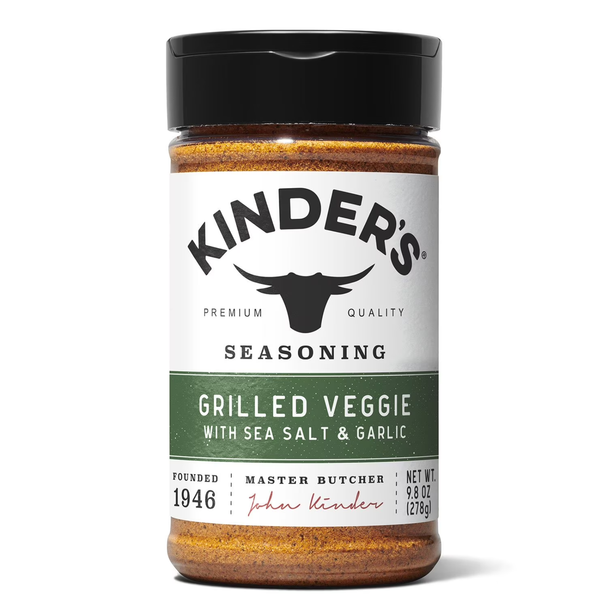 Kinder’s Grilled Veggie Seasoning with Sea Salt & Garlic (9.8 oz) delivers savory grilled flavor for vegetables, roasting, grilling, and air frying.