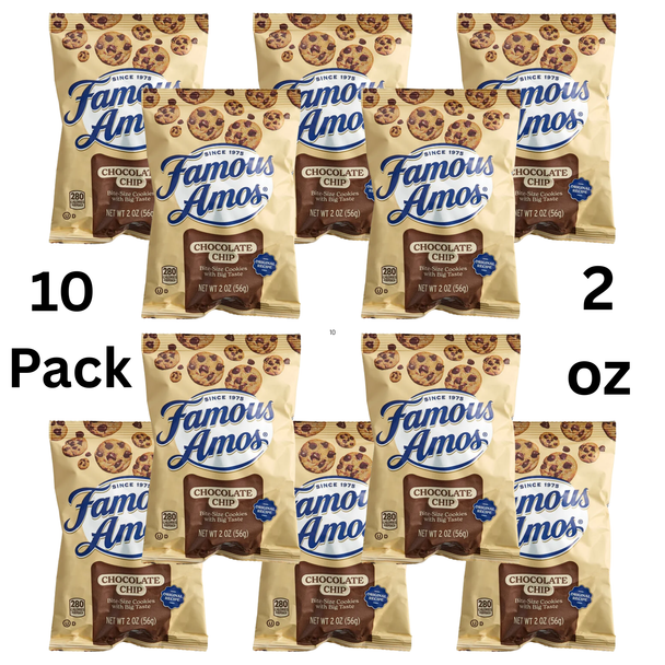 Famous Amos Chocolate Chip Cookies Snack Pack includes 10 individually wrapped 2 oz packs of crunchy, chocolatey cookie goodness—perfect for on-the-go snacking.