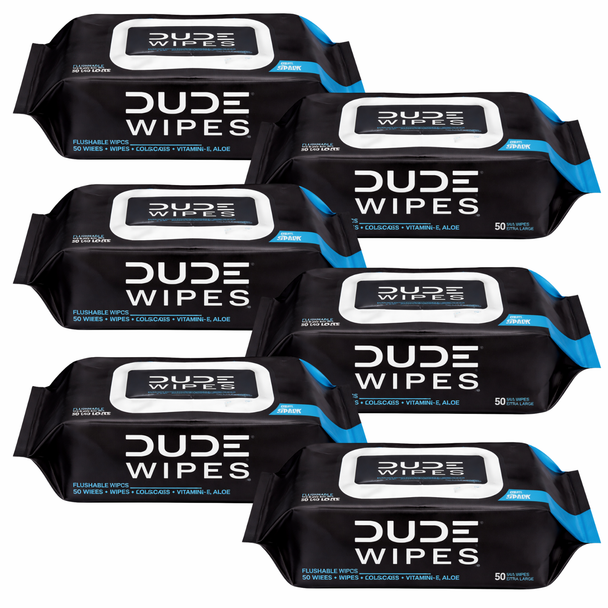 DUDE Wipes Flushable Wet Wipes Unscented 6 Pack (900 Count) provide extra-large, septic-safe cleansing with Vitamin E & Aloe for everyday freshness.