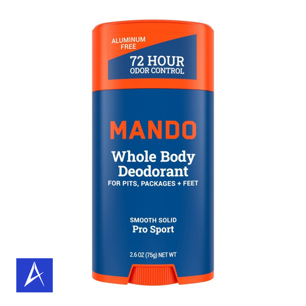 Mando Whole Body Pro Sport Solid Stick Deodorant provides long-lasting odor control beyond underarms in a convenient 2.6 oz solid stick.