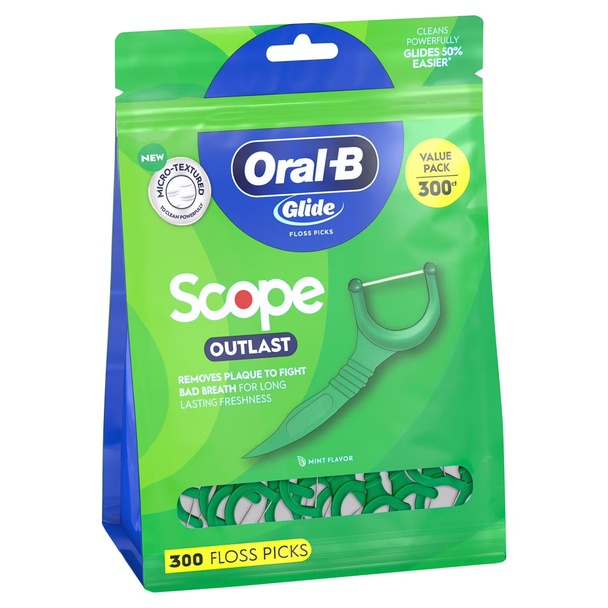 Oral-B Glide Floss Picks Scope Outlast mint flavor include 300 disposable floss picks with smooth Glide floss for convenient daily oral care.