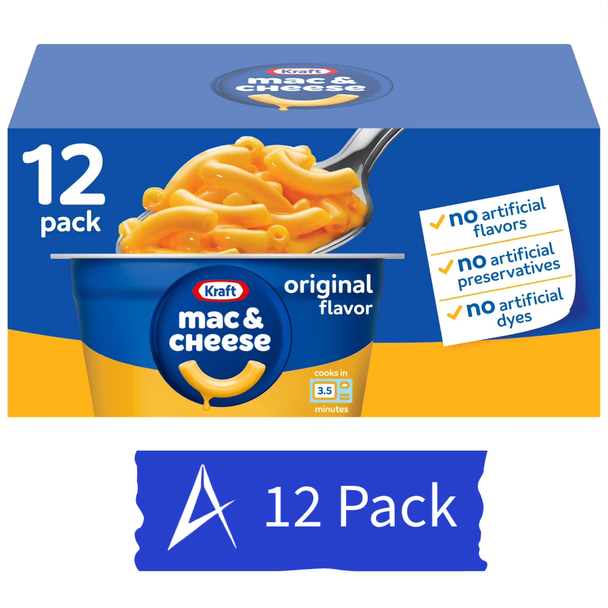 Kraft Original Macaroni & Cheese Easy Microwavable Dinner 12-pack includes twelve 2.05 oz single-serve cups for quick and convenient meals.