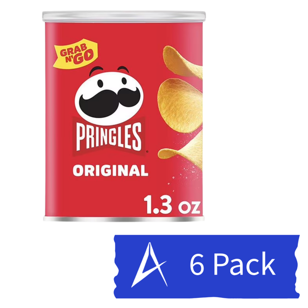 Pringles Grab N’ Go Original Potato Crisps 6-pack includes six 1.3 oz snack cups with classic stackable chips and lightly salted flavor.