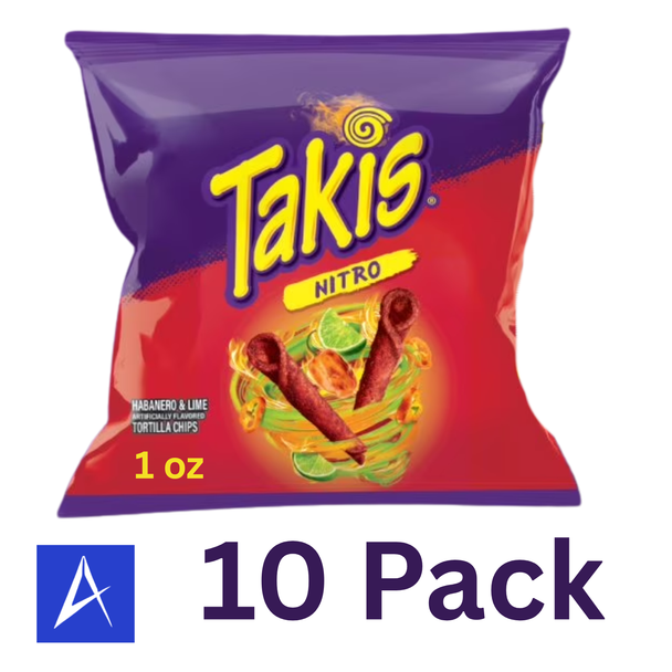 Takis Nitro Rolled Tortilla Chips 10-pack includes ten 1 oz snack-size bags with bold spicy flavor and signature crunchy rolled texture.