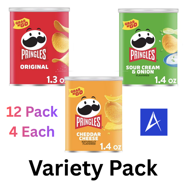 Pringles Grab N’ Go Variety Pack includes 12 snack cups with Original, Cheddar Cheese, and Sour Cream & Onion potato crisps.
