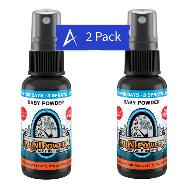 BluntPower Baby Powder Odor Eliminator & Diffuser Oil Air Freshener Spray 2 Pack. Long-lasting oil-based fragrance spray for home, car, and office freshness.