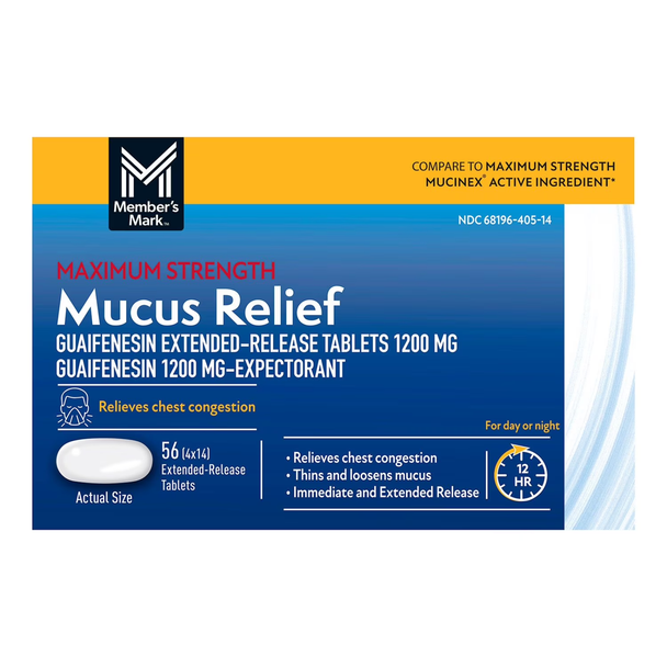 Shop Member's Mark Maximum Strength Mucus Relief Guaifenesin 1,200 mg Extended-Release Tablets in a 56-count bulk bottle — the value alternative to Mucinex 12-Hour.
