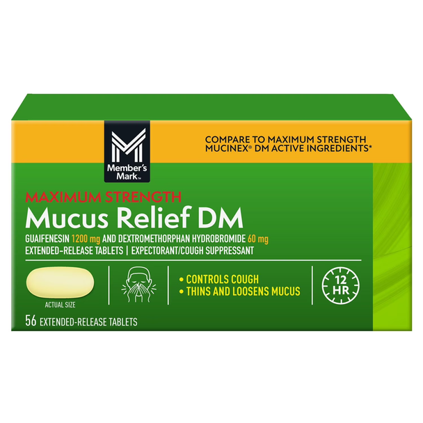 Shop Member's Mark Maximum Strength Mucus-DM Guaifenesin 1,200 mg + Dextromethorphan HBr 60 mg Extended-Release Tablets in a 56-count bulk bottle — the value alternative to Mucinex DM.