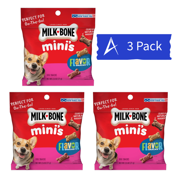 Milk-Bone Mini's Flavor Snacks Dog Treats — 3 resealable 2.5 oz bags (7.5 oz total) of America's favorite bite-sized dog biscuits, perfect for training, rewards, or everyday treats.