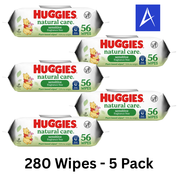 Huggies Natural Care Sensitive Baby Wipes 5-Pack — 280 fragrance-free, hypoallergenic wipes; a bulk-value stock-up for newborn and sensitive skin.