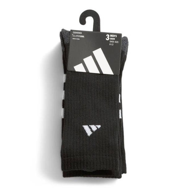 Shop Adidas Men's 3pk Cushioned Crew Socks — Black/Grey/White, Size 6-12. ClimaCool moisture-wicking, cushioned heel and toe, signature Adidas 3-Stripes.