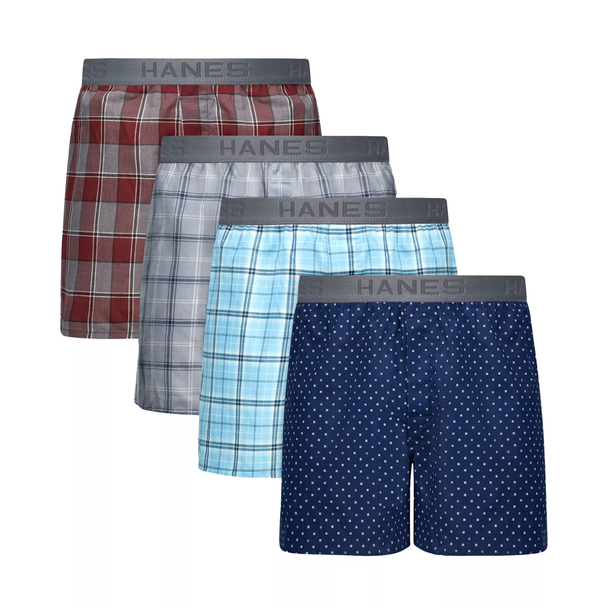 Shop Hanes Men's 4-Pack Yarn Dyed Woven Boxers Size XL (Waist 40-42 in). Assorted colors and plaid designs, tagless waistband, no-gap fly.