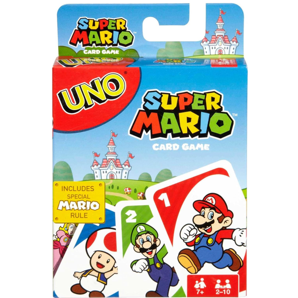 Shop Mattel UNO Super Mario Card Game — officially licensed Nintendo / Mario themed deck. Ages 7-11. 2-10 players. Family game night classic with a Mario twist.