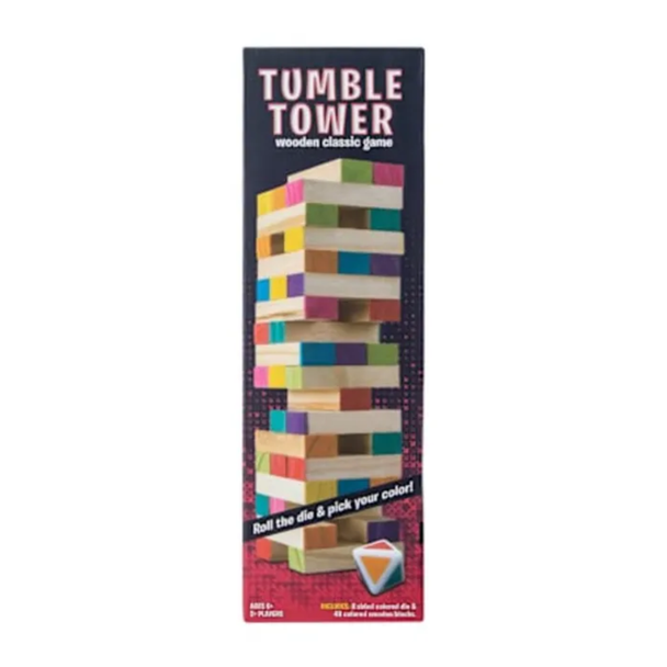 Shop Tumble Tower Game — Multi-Color Wooden Block Set (Painted Blocks, 54 Pieces, Ages 6+) — 54 piece wooden block stacking tower. Jenga-style family game. Ages 6+, 1+ players.