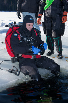 Ice diving fun dives at a local lake for certified ice divers