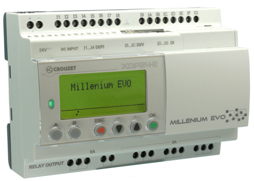 Crouzet 88975111 Millenium EVO Ethernet Smart Relay, Display, 24 VDC, 16 Digital Inputs (8 Analog-4 High Speed), 8 Relays Digital Outputs, Datalog, Event, Ftp, Free Soft, Mem. 1024 Blocs, Specifi Fbd, 32 Bits Mangement, Modbus RS485, Bluetooth/Virtua
