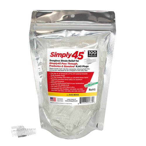 Simply45 S45-B002 Unshielded Pass Through & Standard RJ45 Integrated Strain Reliefs, 100 Pack