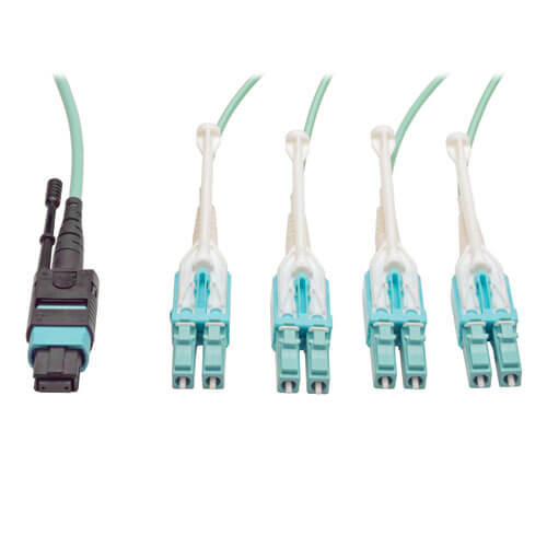 Tripp-Lite N844-03M-8LC-PT Fan-out Cable Push / Pull Tab MTP/MPO to 8 x LC 40Gbase OM3 Plenum Aqua 3M 10Ft