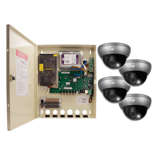 Speco ZIPTWP471 4CH HD-TVI Wall MT DVR w/ PS, 1080p, 60fps, 1TB w/ 4 Outdoor INT Dome Cameras 2.8-12mm lens, Grey