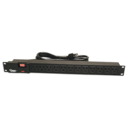 Quest HPS-E12P 19" Horizontal Rack Mount Surge Strip, 12 Outlets, 120V/15A, 1U, Black