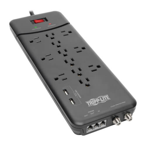 Tripp-Lite TLP128TTUSBB Protect It! 12-Outlet Surge Protector - 8 ft. Cord, 4320 Joules, Tel/Modem/Coax Protection, 2 USB Ports, Black