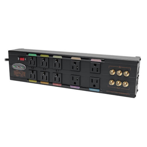 Tripp-Lite HT10DBS Isobar 10-Outlet Home/Business Theater Surge Protector, 8 ft. Cord with Right-Angle Plug, 3840 Joules, LEDs, Metal Housing