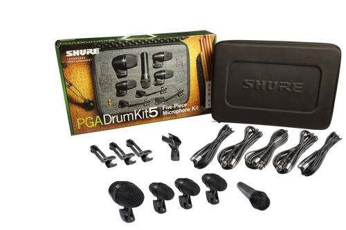 Shure PGADRUMKIT5 5-piece drum mic kit including 1-PGA52, 3-PGA56, 1-PGA57, 1-A25D stand adapter, 3-AP56DM drum mounts, 5 XLR-XLR cables, case