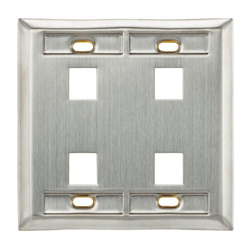 Leviton 43080-2L4 Stainless Steel QuickPort Wallplate, Dual Gang, 4-Port, with Designation Windows