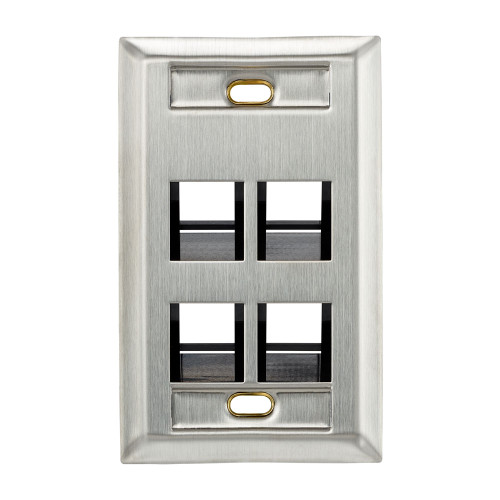 Leviton 43081-1L4 Angled Single-Gang Stainless Steel QuickPort Wallplate with ID Windows, 4-Port