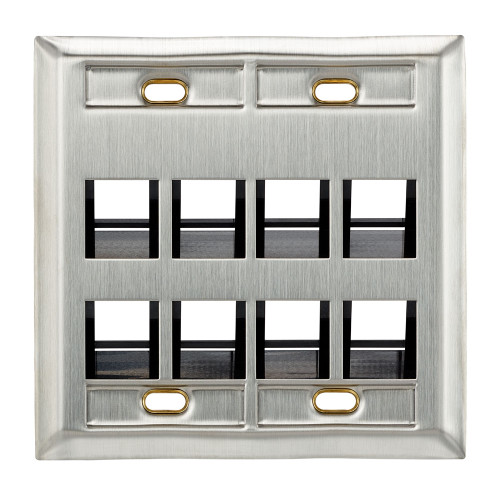Leviton 43081-2L8 Angled Dual-Gang Stainless Steel QuickPort Wallplate with ID Windows, 8-Port