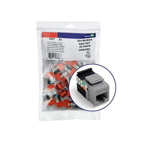 Leviton 5G108-BG5 GigaMax Cat 5e QuickPort Jack QuickPack, 25-pack, Gray