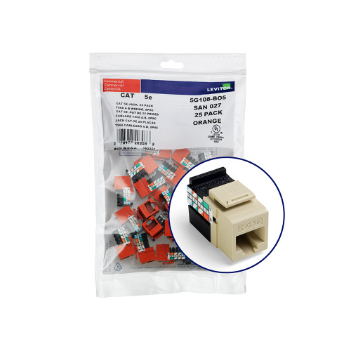 Leviton 5G108-BI5 GigaMax Cat 5e QuickPort Jack QuickPack, 25-pack, Ivory