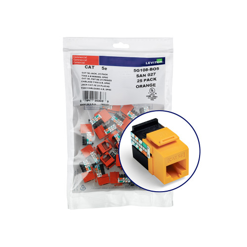 Leviton 5G108-BY5 GigaMax Cat 5e QuickPort Jack QuickPack, 25-pack, Yellow