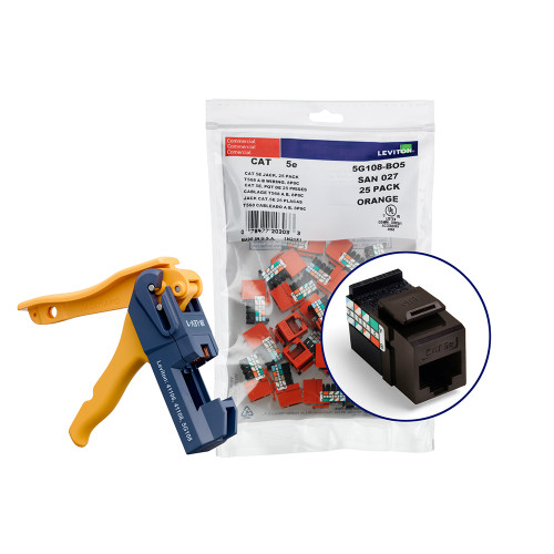 Leviton 5G108-JB5 150 GigaMax Cat 5e QuickPort Jacks, Bulk QuickPack, Brown, Kitted with JackRapid Tool