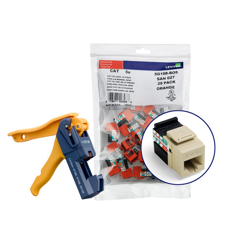 Leviton 5G108-JI5 150 GigaMax Cat 5e QuickPort Jacks, Bulk QuickPack, Ivory, Kitted with JackRapid Tool