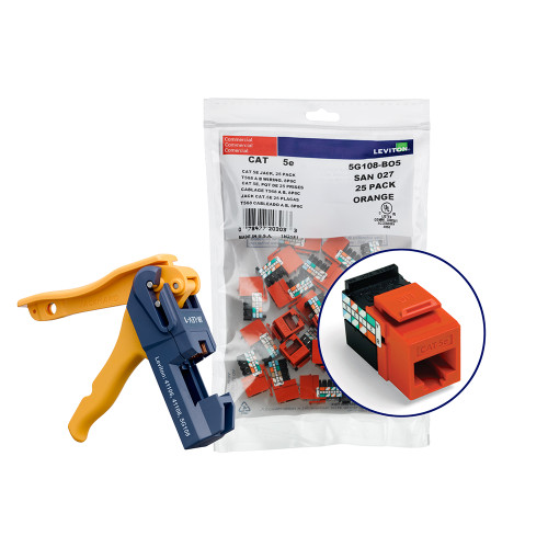 Leviton 5G108-JO5 150 GigaMax Cat 5e QuickPort Jacks, Bulk QuickPack, Orange, Kitted with JackRapid Tool
