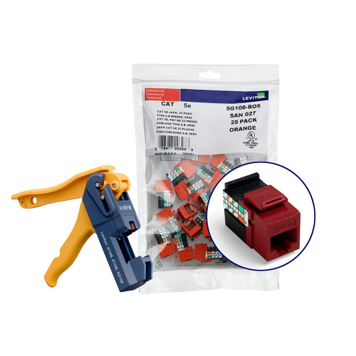 Leviton 5G108-JR5 150 GigaMax Cat 5e QuickPort Jacks, Bulk QuickPack, Dark Red, Kitted with JackRapid Tool