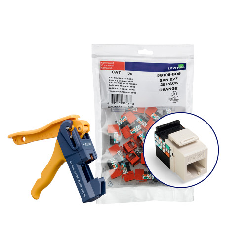 Leviton 5G108-JT5 150 GigaMax Cat 5e QuickPort Jacks, Bulk QuickPack, Light Almond, Kitted with JackRapid Tool
