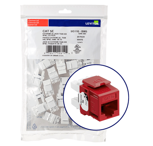 Leviton 5G110-BR5 eXtreme Cat 5e QuickPort Jack QuickPack, 25-pack, Dark Red