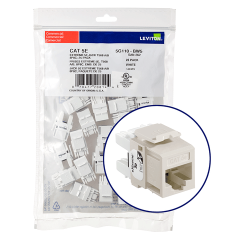 Leviton 5G110-BT5 eXtreme Cat 5e QuickPort Jack QuickPack, 25-pack, Light Almond