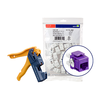 Leviton 5G110-JP5 150 eXtreme Cat 5e QuickPort Jacks, Bulk QuickPack, Purple, Kitted with JackRapid Tool