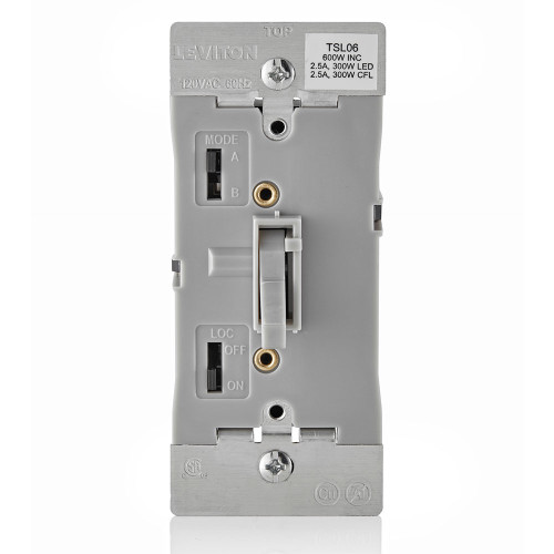 Leviton TSL06-1LG Universal Dimmable LED, CFL, Incandescent and Halogen Toggle-Slide Dimmer, 600W-120VAC Incandescent, 300W-120VAC 60Hz, Single Pole and 3-Way - Gray