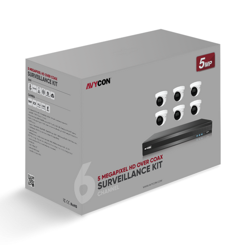 Avycon AVK-TE51E6-2T 5MP TVI Kit with 6 of 5MP TVI Turret Cameras and 8CH DVR with 2TB HDD pre-installed, contains AVC-TE51F28 (6 QTY) and AVR-DSV808H-2T (1 QTY)