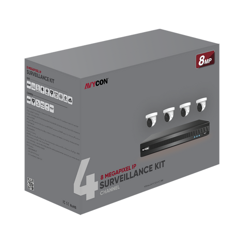 Avycon AVK-NS81E4-2T 8MP Diversity IP Kit with 4 of 8MP Infinite-Star IP Turret Cameras and 4CH PoE 4K 4K NVR with 2TB HDD pre-installed, contains AVC-NSE81F28 (4 QTY) and AVR-NSV04P4-2T (1 QTY)