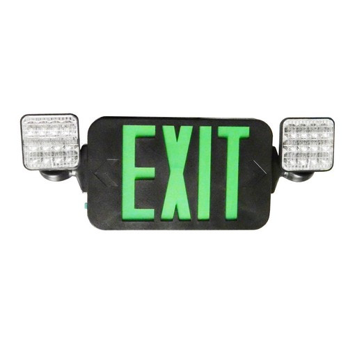 Morris 73435 Square Head LED Combo Exit/Emergency Light High Output Green LED Black Housing