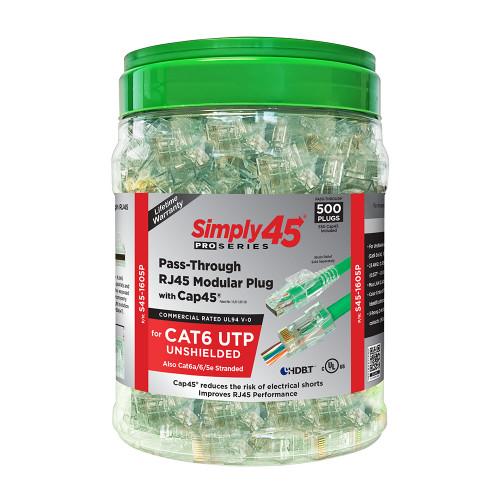 Simply45 S45-1605P ProSeries Cat6 Unshielded Pass-Through RJ45 Connectors, 500 Pack