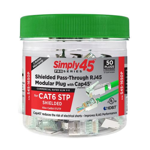 Simply45 S45-1650P ProSeries Cat6 STP Shielded Shielded Pass-Through RJ45 Connectors, 50 Pack