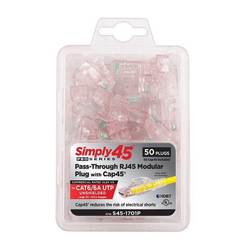 Simply45 S45-1701P ProSeries Cat6/6A Pass Through RJ45, Hi/Lo Stagger, Red Tint Connectors, 50 Pack